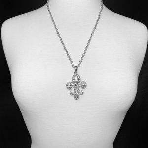 Long Rhinestone Fleur De Lis Silver Necklace